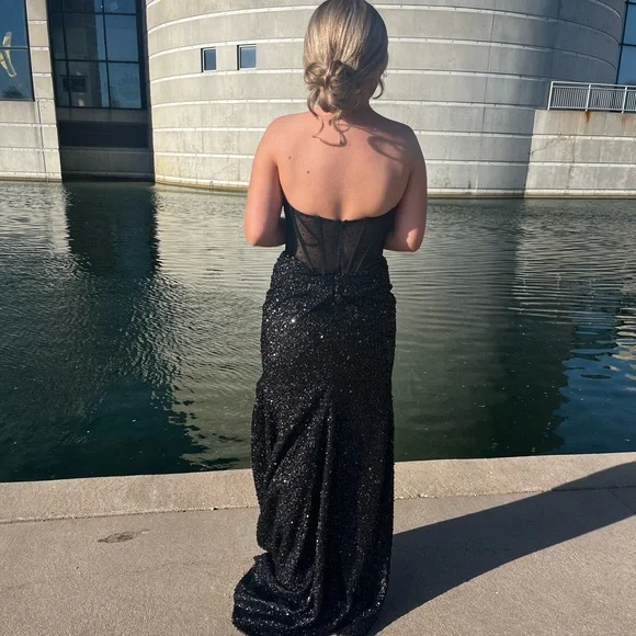 black prom dresses corset top BABARONI BABARONI Stretch Satin Black Prom Dresses Sheath/Column Off-the-shoulder Sequins Appliqued With Slit Pleated, Black / US0